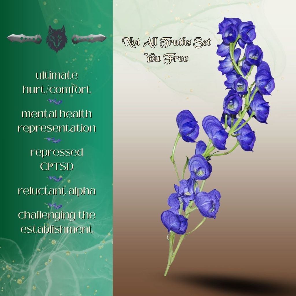 A digital illustration featuring a cluster of blue aconite flowers on a gradient background with dark green and brown hues, accompanied by text discussing themes of mental health representation and challenging societal norms.